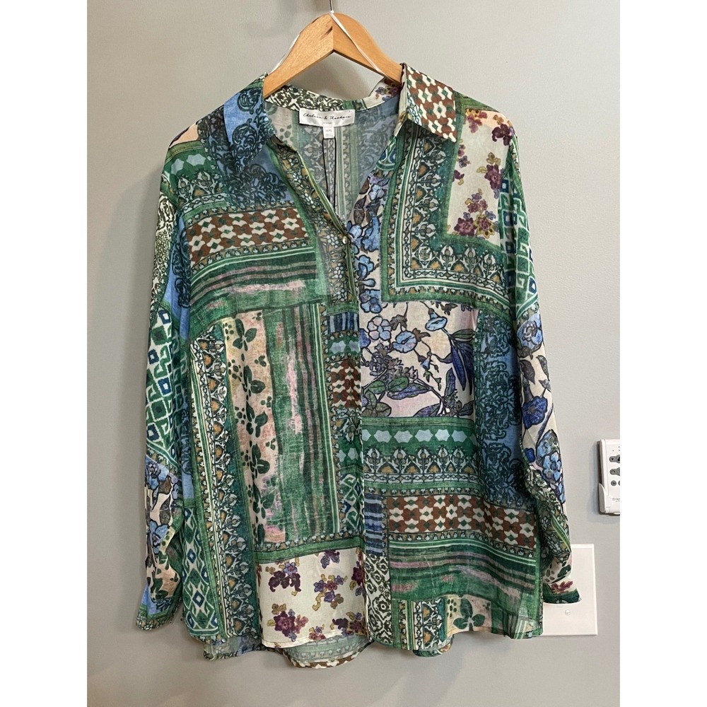 Chelsea & Theodore Blouse Woman 1X Green Multi Patchwork Print Boho Button Up